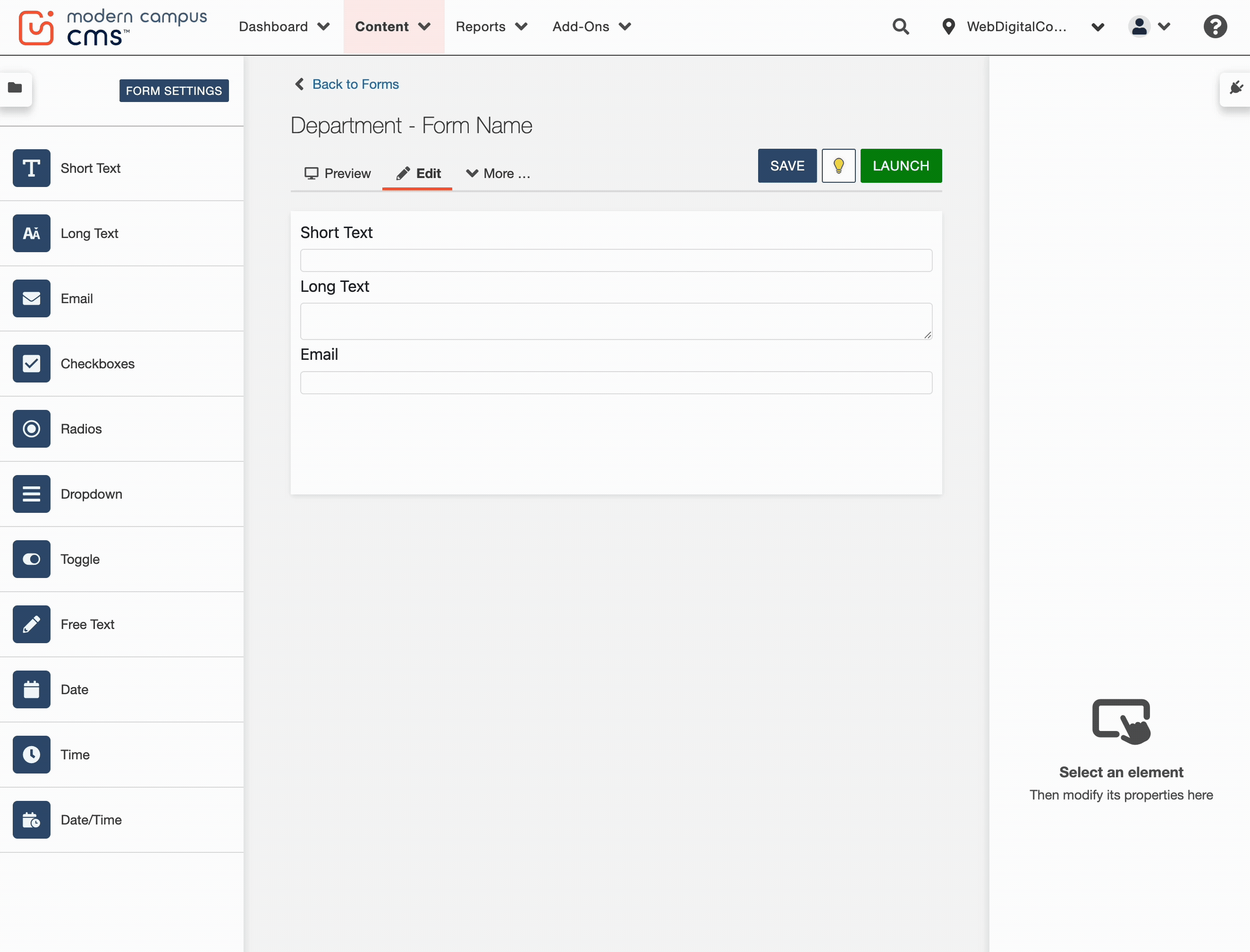 form settings can be edited in the form modules section