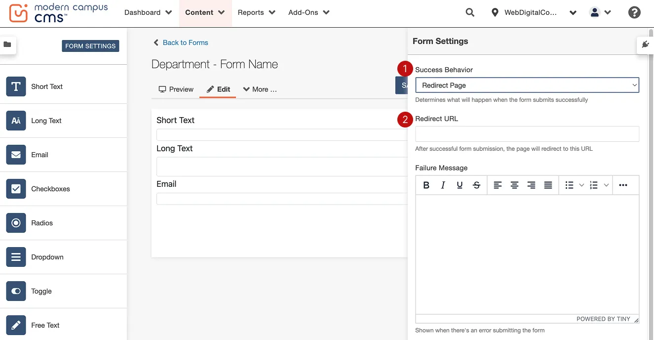 where success behavior fields are in the settings